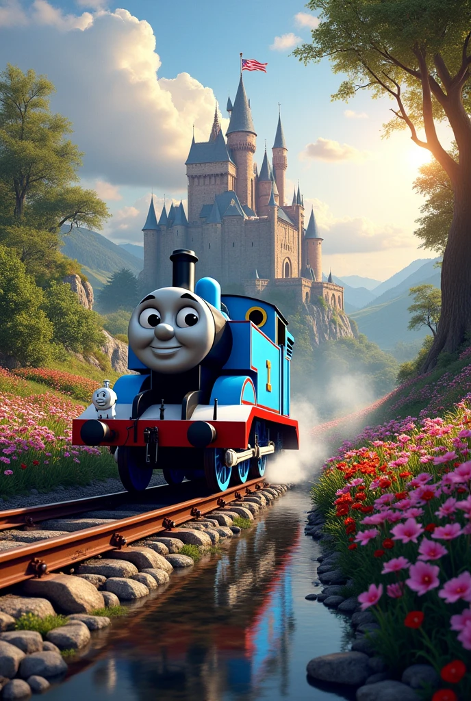 Thomas the Train passing through a line full of flowers. Light background with a beautiful colorful castle with tall towers and ultra detailed flags. ultra realistic shadows. rivers, with ultra realistic reflections. And ultra-realistic reflections throughout the painting. Ultra realistic sun and light