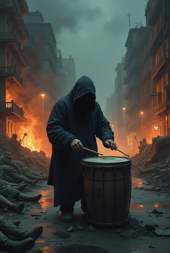 Street in a city destroyed by war, fire and smoke at night, bodies of dead soldiers lying on the ground, male drummer playing, kind of fat, hooded dress , hidden face