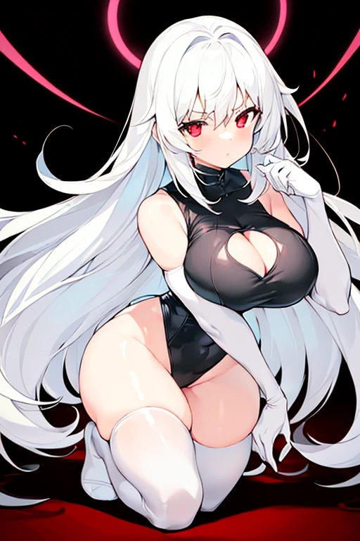 1girl, large breasts, thick thighs, leotard, black leotard, cleavage cutout, white thighhighs, thighhighs, white hair, long hair, red eyes, serious, electricity, elbow gloves, gloves, white gloves, mature female, hourglass figure, full body, neon trim