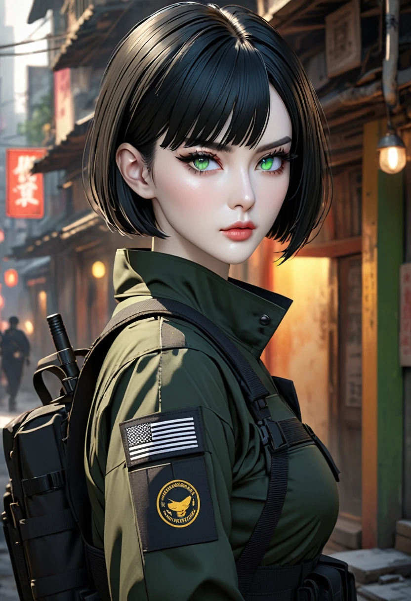 ((best quality)), ((artwork)), ((extremely detailed face)), ((perfect lighting)), ((extremely detailed CG)), ((perfect hands, perfect anatomy)) Appearance= Pale skin, tall, busty, athletic, toned, striking features, high cheekbones, straight nose, thin lips, firm chin; sharp green eyes, beauty mark on right eye; straight black hair, bob cut;
Personality= Stubborn, direct, obstinate
Occupation= Contractor
Clothing= Black tactical combat uniform.]