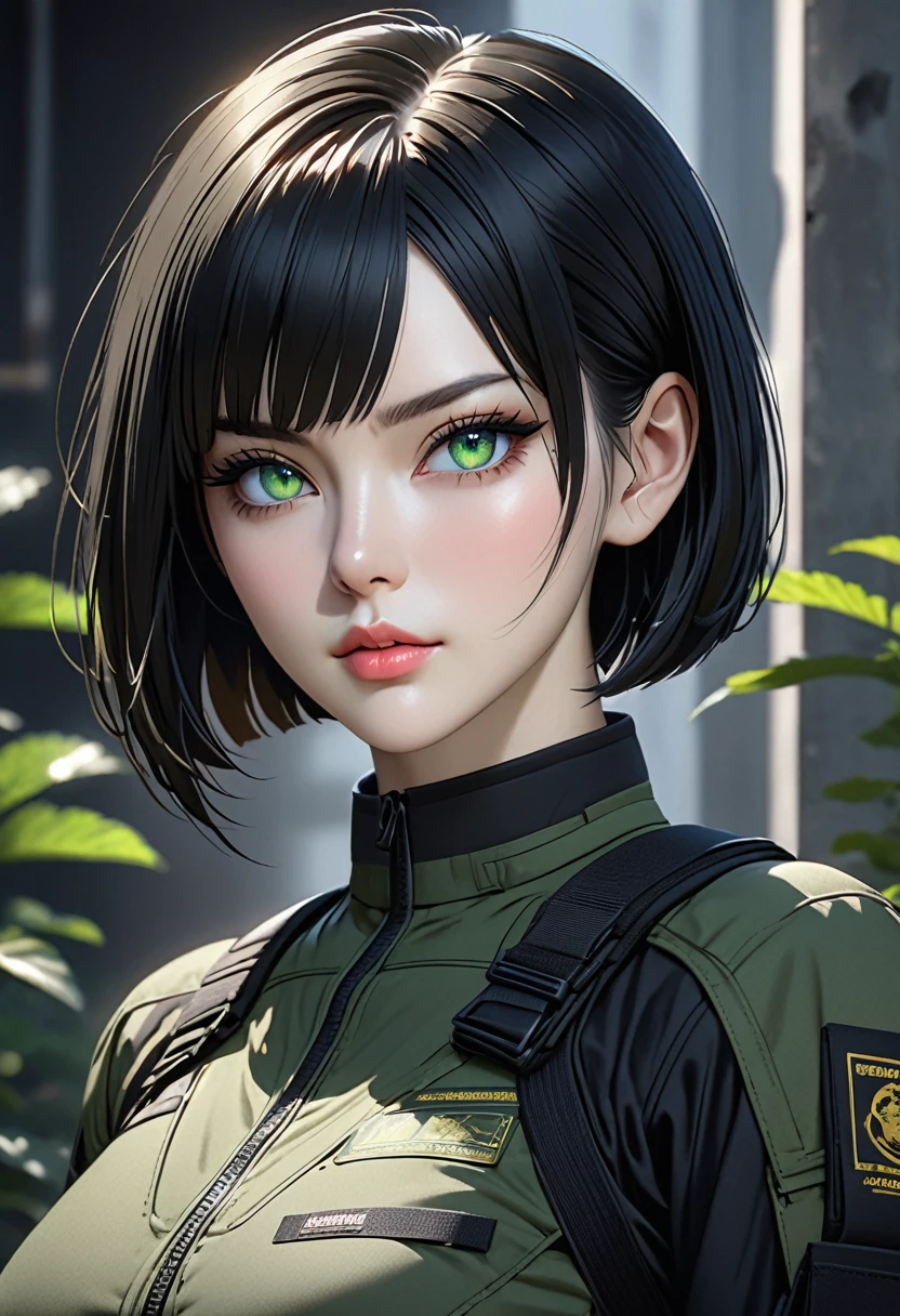 ((best quality)), ((artwork)), ((extremely detailed face)), ((perfect lighting)), ((extremely detailed CG)), ((perfect hands, perfect anatomy)) Appearance= Pale skin, tall, busty, athletic, toned, striking features, high cheekbones, straight nose, thin lips, firm chin; sharp green eyes, beauty mark on right eye; straight black hair, bob cut;
Personality= Stubborn, direct, obstinate
Occupation= Contractor
Clothing= Black tactical combat uniform.]