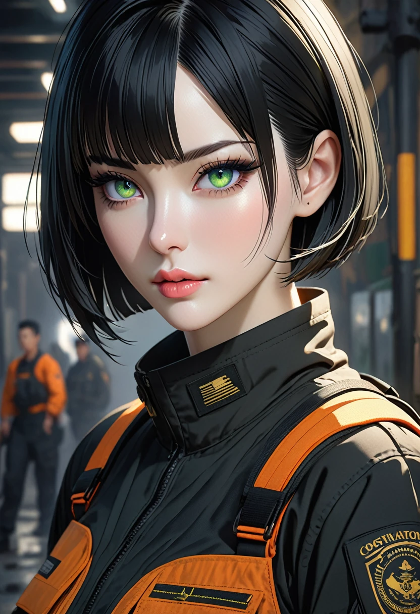 ((best quality)), ((artwork)), ((extremely detailed face)), ((perfect lighting)), ((extremely detailed CG)), ((perfect hands, perfect anatomy)) Appearance= Pale skin, tall, busty, athletic, toned, striking features, high cheekbones, straight nose, thin lips, firm chin; sharp green eyes, beauty mark on right eye; straight black hair, bob cut;
Personality= Stubborn, direct, obstinate
Occupation= Contractor
Clothing= Black tactical combat uniform.]