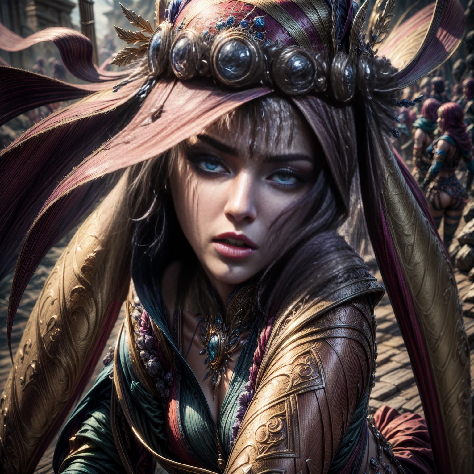 (full-body shot:1.5) , a group of female adventurers, cinematic composition, each wearing intricate patterned clothing and armor, beautiful detailed eyes, beautiful detailed lips, extremely detailed eyes and face, long eyelashes, dynamic poses, varied facial expressions, advanced equipment and weapons, dramatic lighting, epic fantasy landscape, (best quality,4K,8k,highres,masterpiece:1.2),ultra-detailed,(realistic,photorealistic,photo-realistic:1.37),cinematic angle, dramatic atmosphere, vibrant colors, fantasy art, digital painting