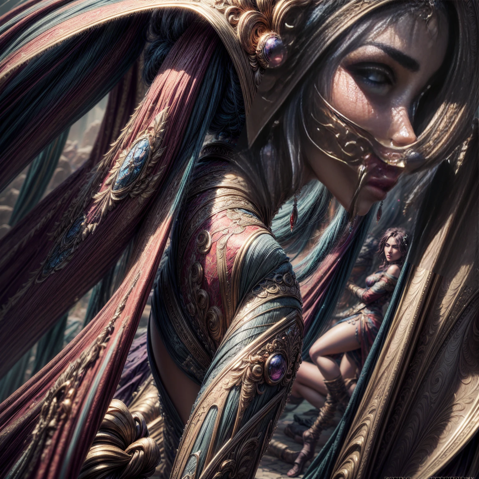 (full-body shot:1.5) , a group of female adventurers, cinematic composition, each wearing intricate patterned clothing and armor, beautiful detailed eyes, beautiful detailed lips, extremely detailed eyes and face, long eyelashes, dynamic poses, varied facial expressions, advanced equipment and weapons, dramatic lighting, epic fantasy landscape, (best quality,4K,8k,highres,masterpiece:1.2),ultra-detailed,(realistic,photorealistic,photo-realistic:1.37),cinematic angle, dramatic atmosphere, vibrant colors, fantasy art, digital painting