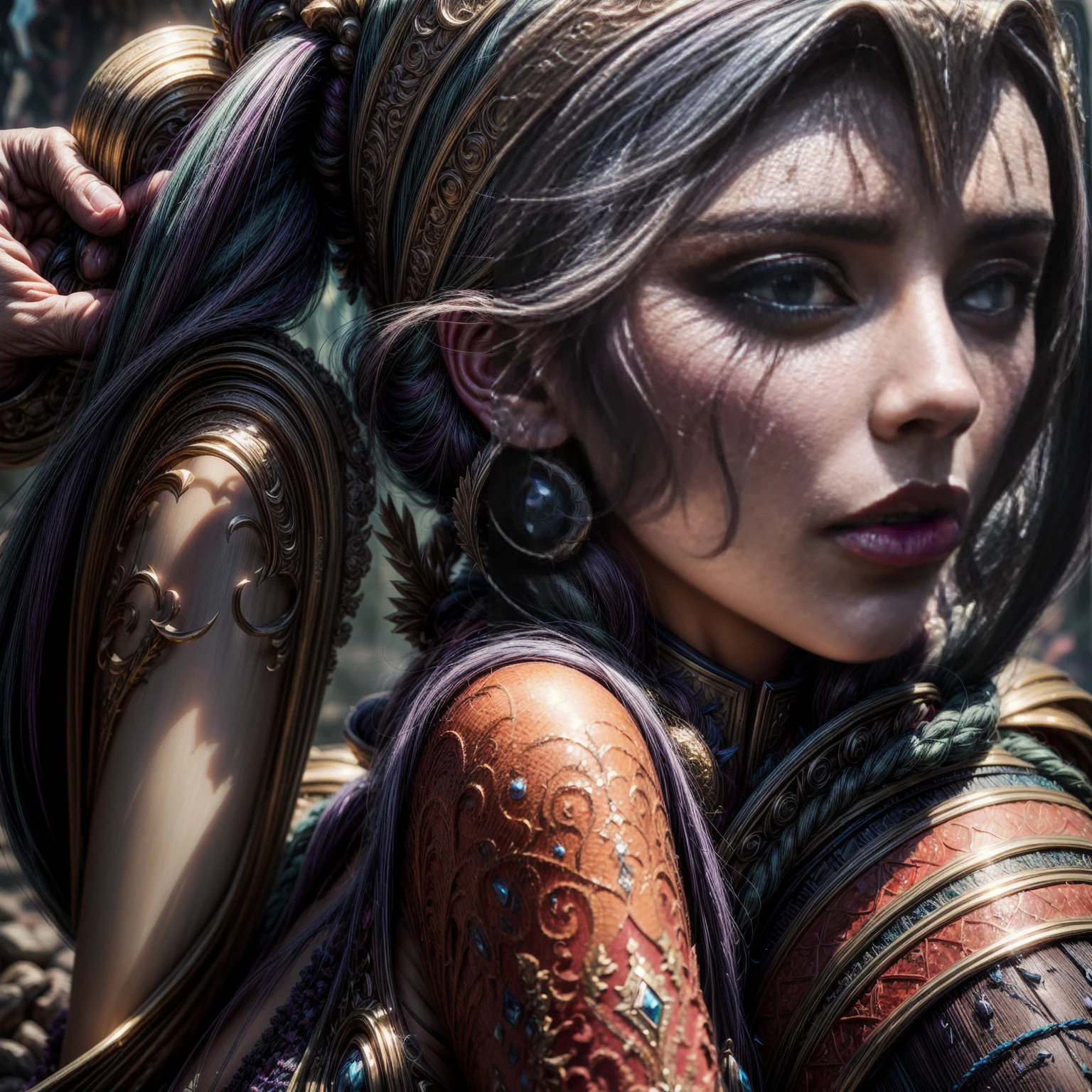 (full-body shot:1.5) , a group of female adventurers, cinematic composition, each wearing intricate patterned clothing and armor, beautiful detailed eyes, beautiful detailed lips, extremely detailed eyes and face, long eyelashes, dynamic poses, varied facial expressions, advanced equipment and weapons, dramatic lighting, epic fantasy landscape, (best quality,4K,8k,highres,masterpiece:1.2),ultra-detailed,(realistic,photorealistic,photo-realistic:1.37),cinematic angle, dramatic atmosphere, vibrant colors, fantasy art, digital painting