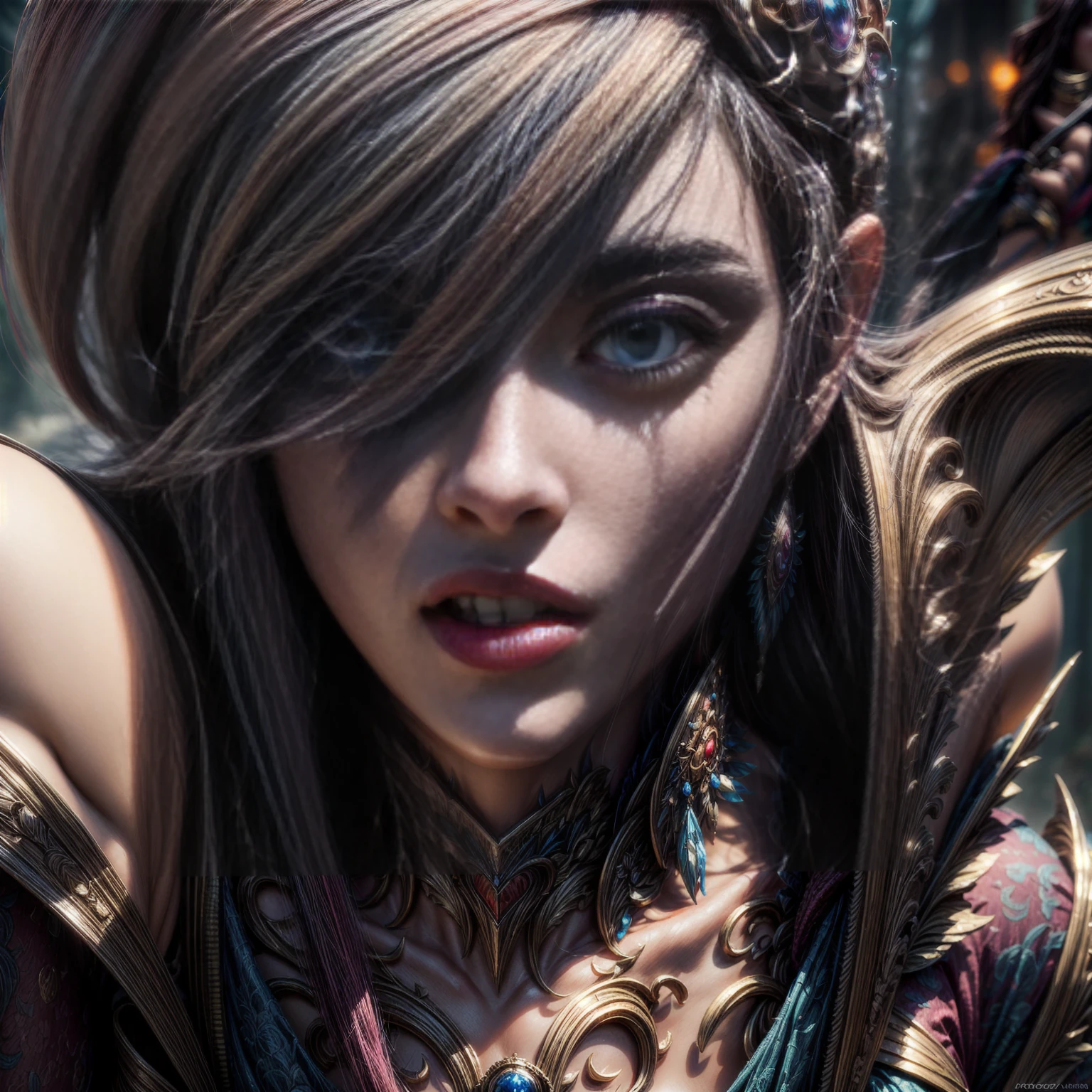 (full-body shot:1.5) , a group of female adventurers, cinematic composition, each wearing intricate patterned clothing and armor, beautiful detailed eyes, beautiful detailed lips, extremely detailed eyes and face, long eyelashes, dynamic poses, varied facial expressions, advanced equipment and weapons, dramatic lighting, epic fantasy landscape, (best quality,4K,8k,highres,masterpiece:1.2),ultra-detailed,(realistic,photorealistic,photo-realistic:1.37),cinematic angle, dramatic atmosphere, vibrant colors, fantasy art, digital painting