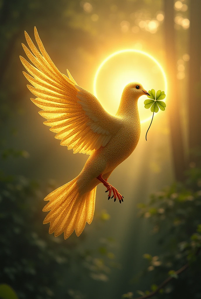 Pointillism style,A golden dove flying with a four-leaf clover in its beak,Strong halo from the background,Mysterious atmosphere,High-definition, realistic depiction.