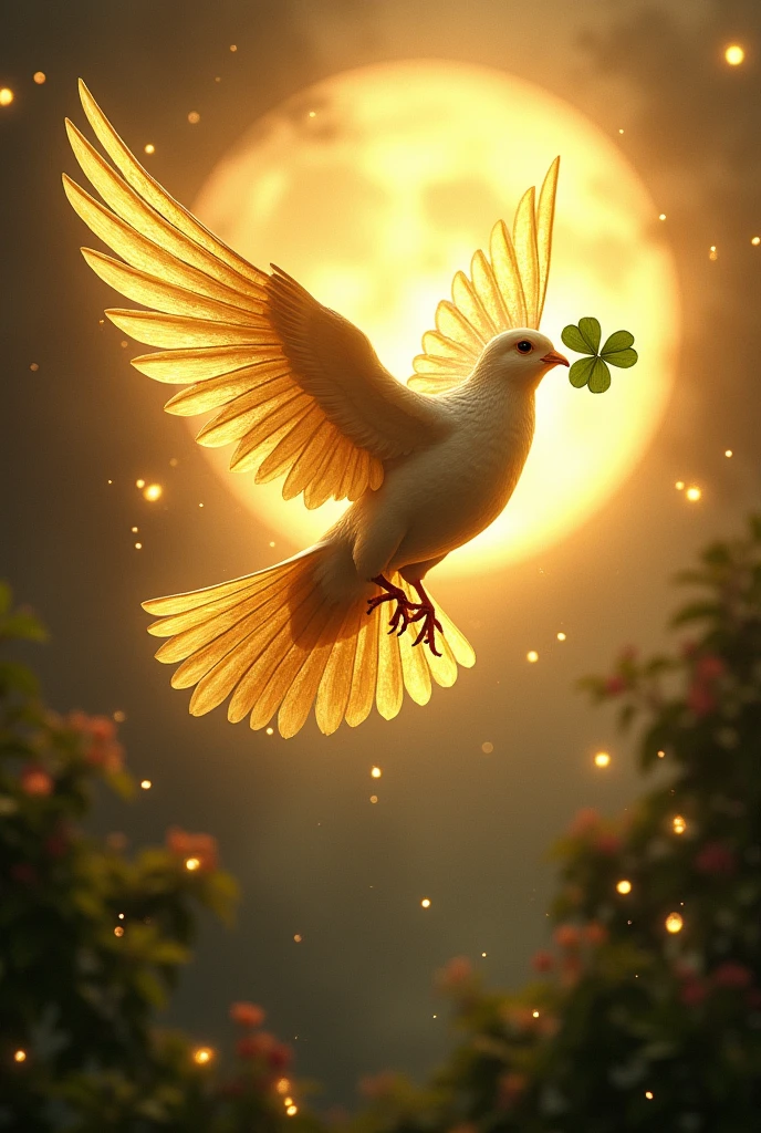 Pointillism style,A golden dove flying with a four-leaf clover in its beak,Strong halo from the background,Mysterious atmosphere,High-definition, realistic depiction.