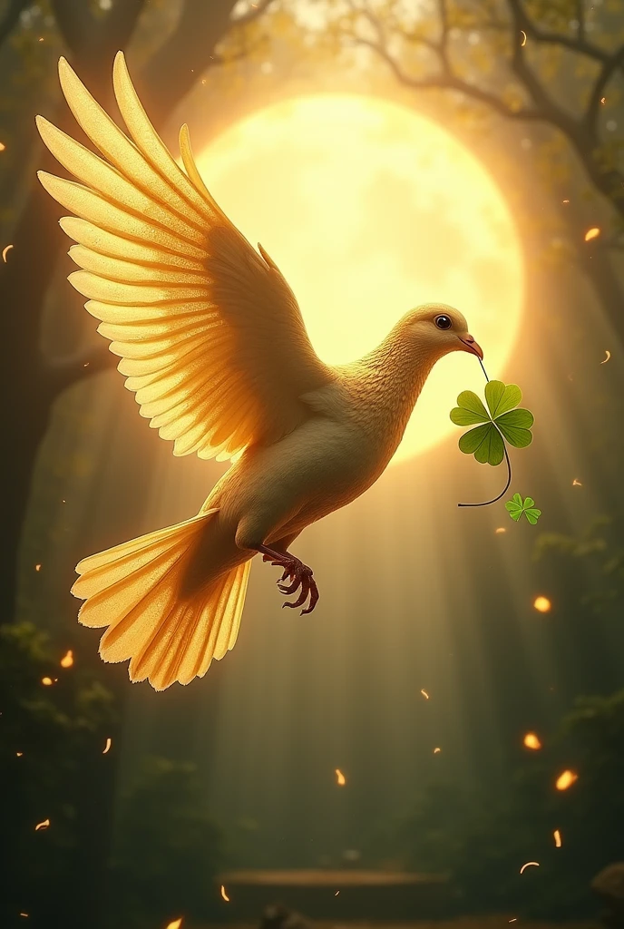 Pointillism style，A golden dove flying with a four-leaf clover in its beak，Strong halo from the background，Mysterious atmosphere，High-definition, realistic depiction．