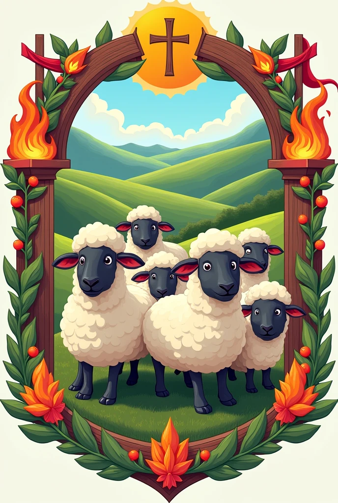 Make a brotherhood coat of arms and place a sheep in the center with red details, A cross, fire and red flag. In Pixar style cartoon.