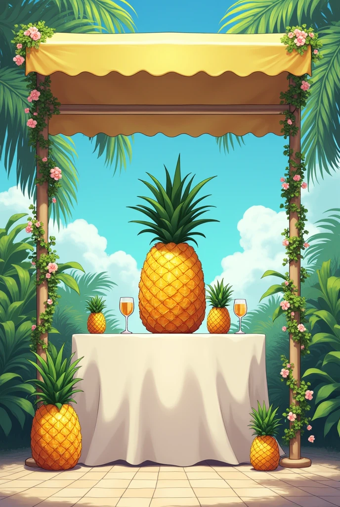 Generate an anime style image of a Pineapple Wine Stand with an awning connected to a square table with a white tablecloth and that on each side of the Pineapple Wine Stand there is a pineapple on the table and that the awning has vines with flowers on the tubes that support it and the top is decorated with palm leaves. 