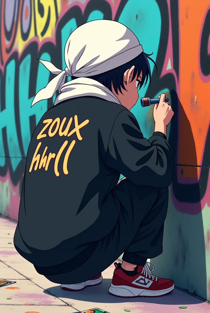 Make a 14-year-old person with a white scarf on his head and black clothes dressed in a hip-hop style, who is on his back, graffitiing the word "Zoux" and on the child's back he says "hhrll" in white letters, anime style.