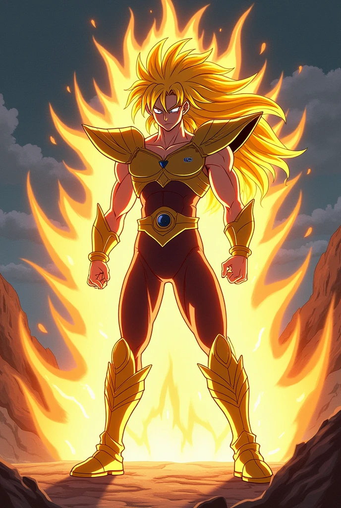 I wanted Pegasus Seiya to be drawn in the style of Dragon Ball Z., and without the armor, in your ordinary clothes, super sayajyn, only the transformation, without much emphasis on a broly form or anything like that, just transformed