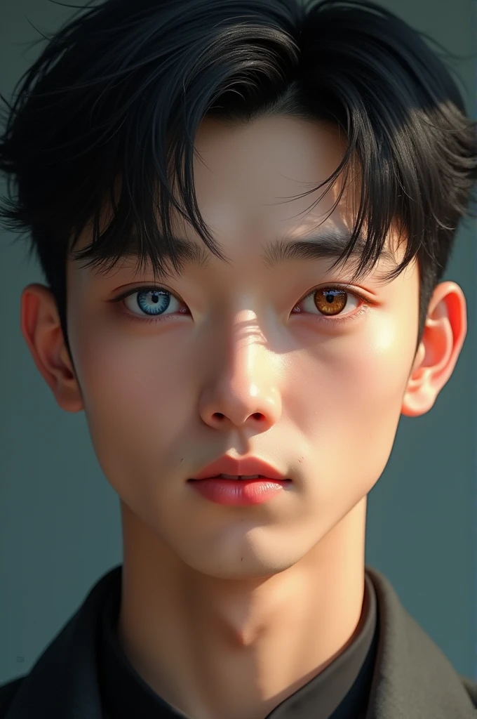 Draw a 29-year-old Chinese man, young and attractive face, with one brown eye and one blue eye, somewhat long and black hair