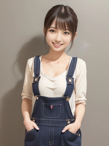 Japanese female, (underweight), (flat chest best quality:1.5), 30 years old, (cheerful grin:1.3),(Bare, overalls:1.3),large breast