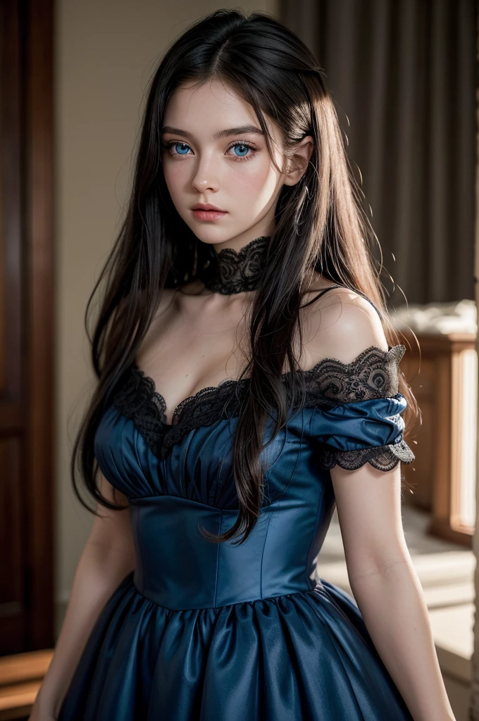 Ultra Realistic Photo, 20-year-old woman, blackquality hair, she has very blue eyes, she is a countess, she lives in 1800, she wears a long red dress