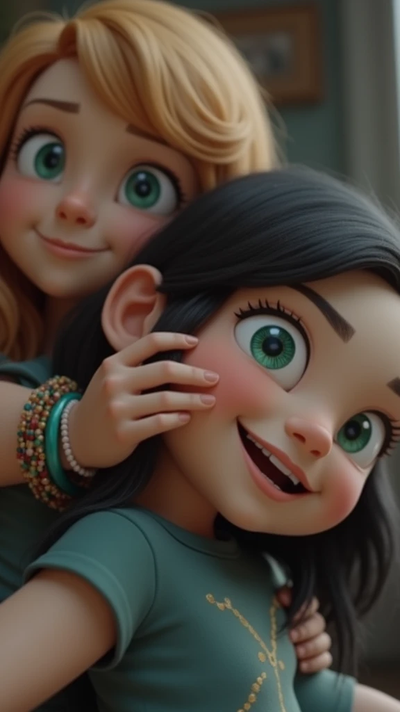 make this girl in the picture hug João Romania, the girl wears many bracelets, has wavy hair 2a/2b, medium red closed in green eyes