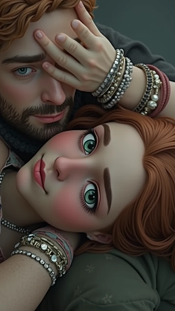 make this girl in the picture hug João Romania, the girl wears many bracelets, has wavy hair 2a/2b, medium red closed in green eyes