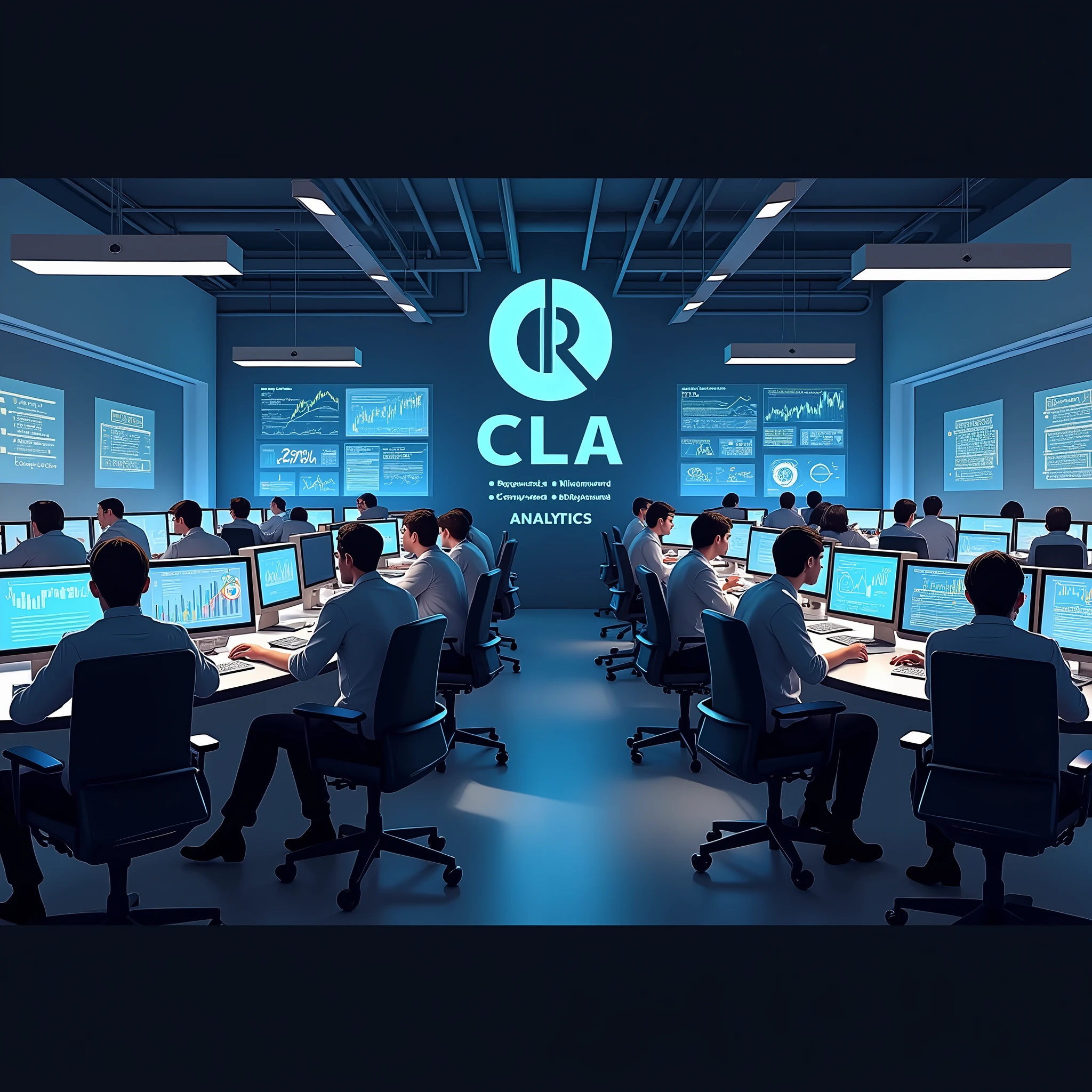 "Create a background of an office where employees sit and analyze cryptocurrency charts on computers, On the walls there is the company logo, 3 large letters CLA and a clearly legible inscription Cripto labs analytics»