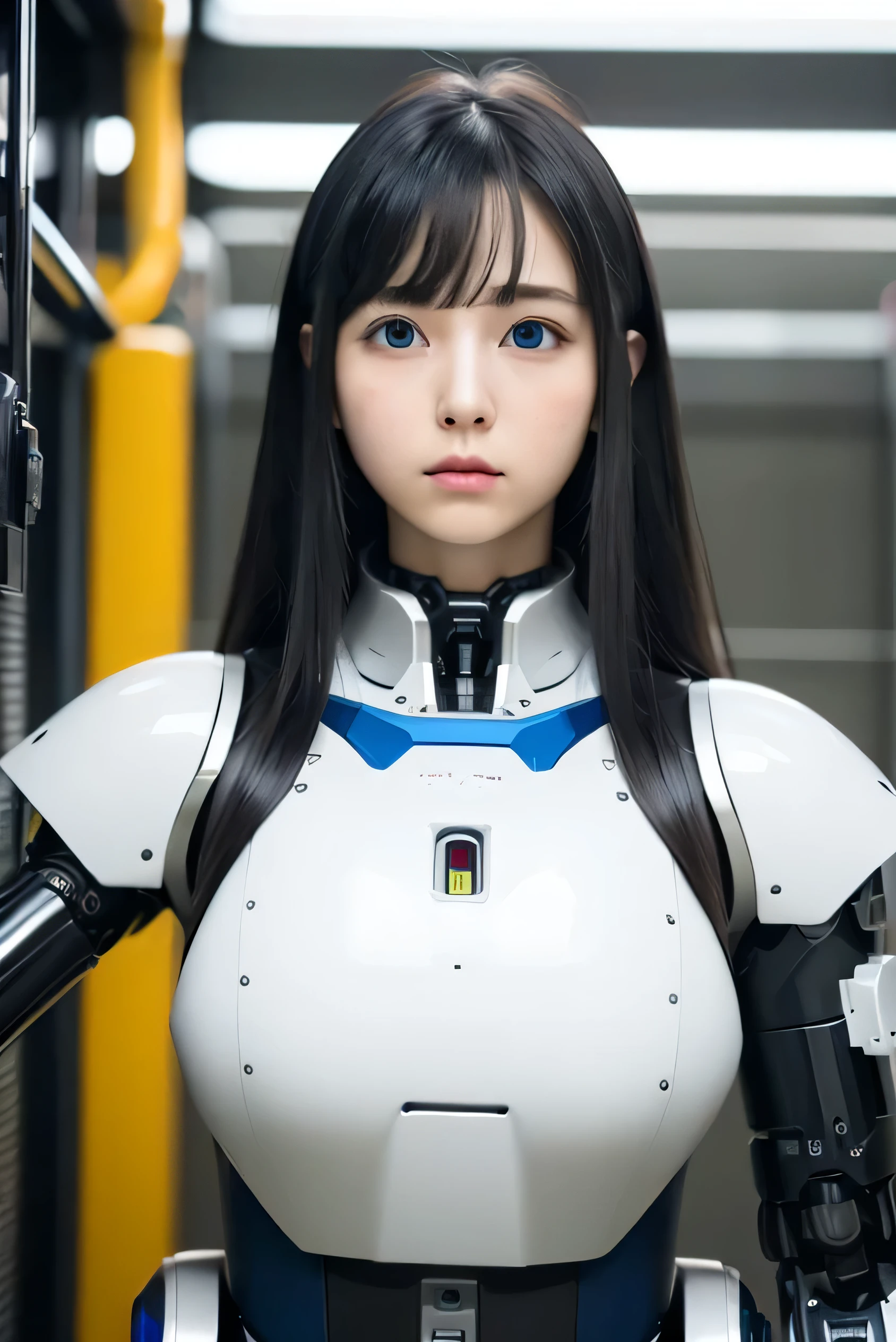 masterpiece, best quality, extremely detailed, Japaese android girl,portrait,Plump,a bit chubby,control panels,android,Droid,Mechanical Hand, Robot arms and legs, Black hair,Blunt bangs,perfect robot girl,long tube,thick cable connected her neck,android,robot,humanoid,cyborg,japanese cyborg girl ,robot-assembly plant,She is assembling now,assembly scene,blue eyes,chest monitor,hypnosis,blank eyes