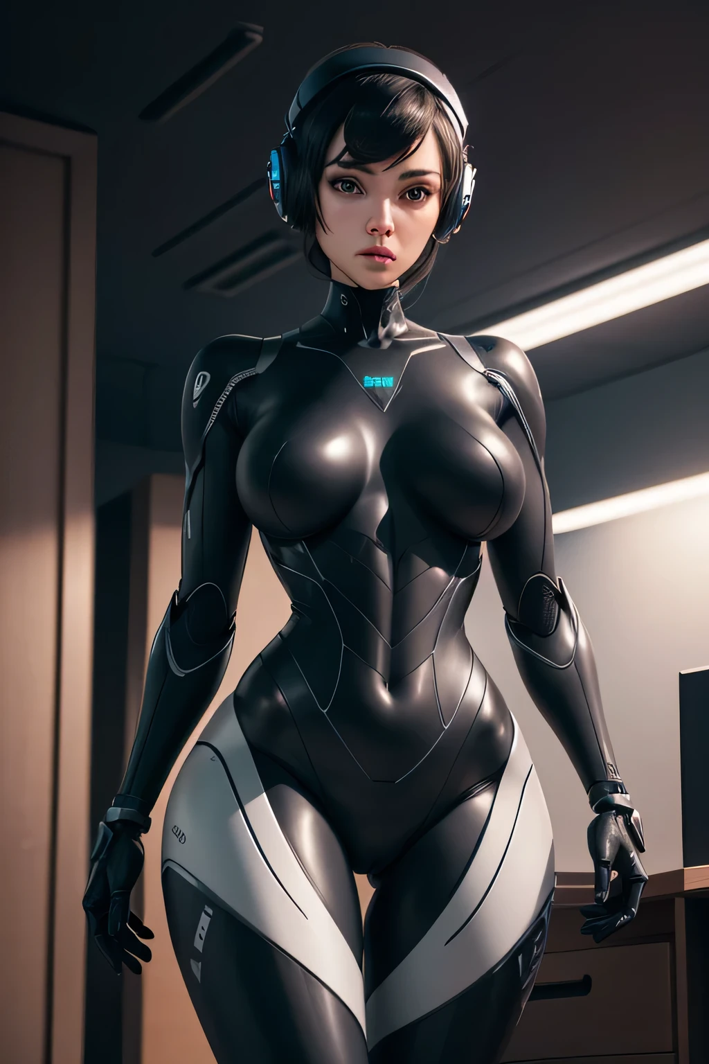 A female robot with a similar body type&#39;Wearing a rubber suit.　The whole body is rubbery　Mechanical arm　mechanical legs　Mechanical body, nffsw, retinas, masutepiece, ccurate, Anatomically correct, Textured skin, Super Detail, high details, High quality, awardwinning, Best Quality, hight resolution