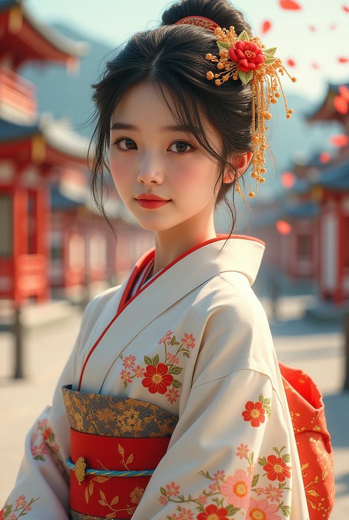 A beautiful young woman wearing brightly colored Japanese clothing、Japanese actress Kyoko Fukada、A charming expression、White Japanese clothing、background、Shrines and temples、Ukiyo-e style Japanese painting、The world created by CG、