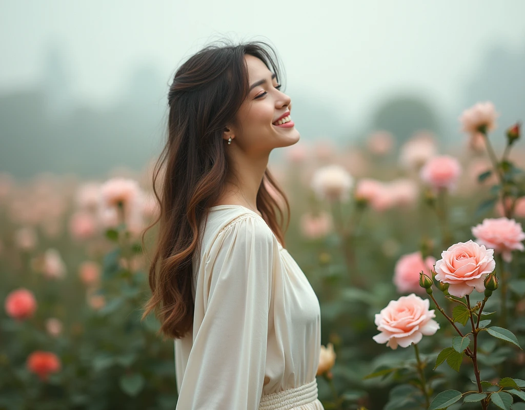 16:9 photograph, taken from a distance that shows the entire body, In a beautiful garden, admiring the roses with a short skirt and blouse, white color, long brown hair, a softened ironic smile - restrained excited happiness, soft lighting on the face, realistic textures of skin-clothes-hair, carpeted sky-blue eyes-fog, beautiful real textures and delicate aesthetics, seeing herself in full body, remarkable tribute to the natural feminine beauty of the body, noise, 8k quality, RAW PHOTO, by professional photographer, rule of thirds, extremely detailed