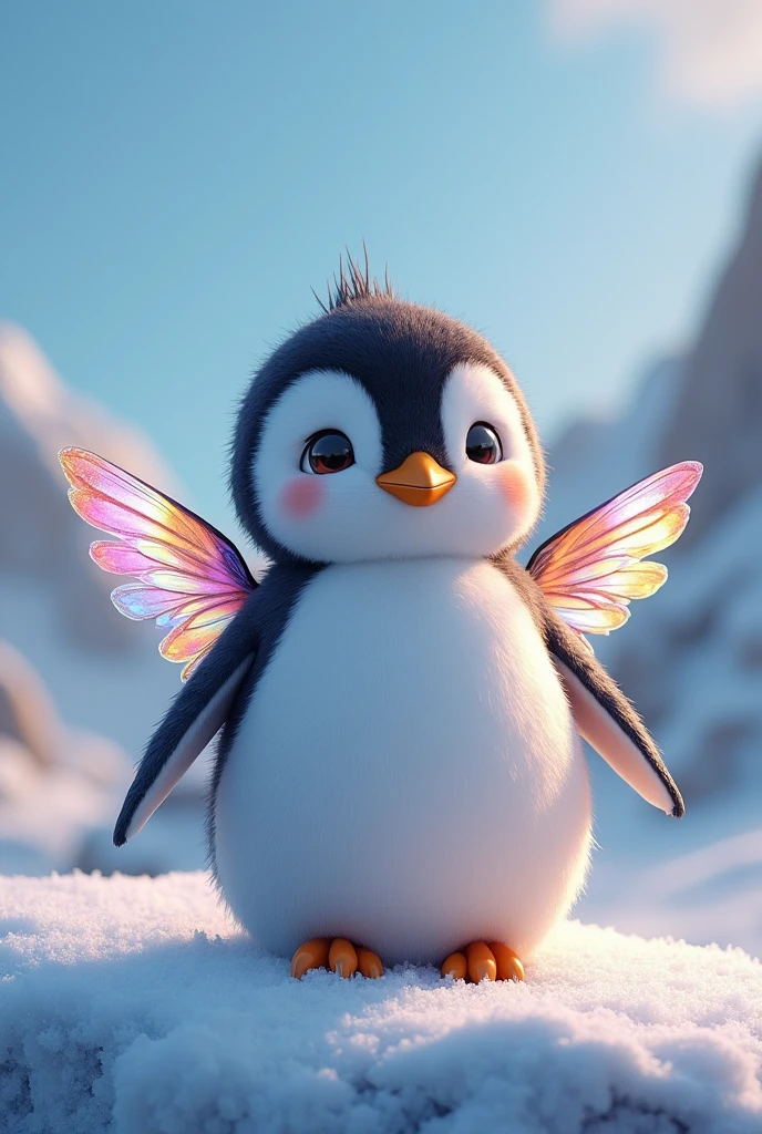 I want you to make a cute, realistic penguin., that it be white with iridescent colors that have hummingbird-type wings