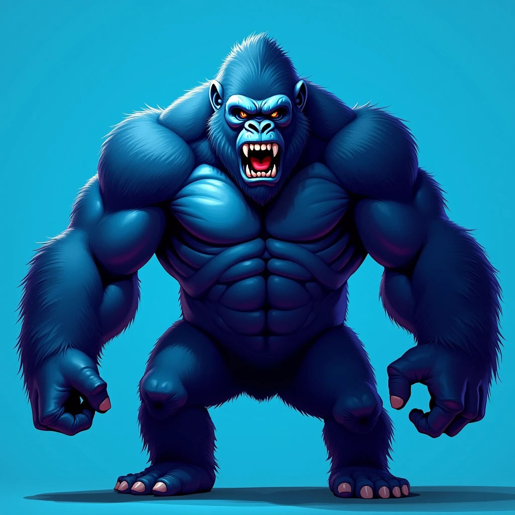 Blue gorilla, blue plain background, noble, angry, muscular, logo, small size