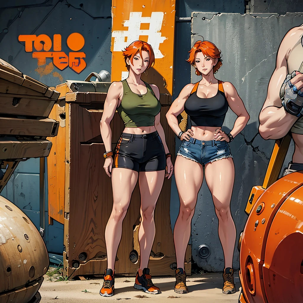 woman, 20-year-old, Orange Hair, Aesthetic body, Thick, ((stylish)), Mechanic, Mechanic clothes, Muscular legs, Desert camouflage, big , Tank top, Shorts, Futuristic, tools, High-tech equipment, toolsベルト, Different angles, (front, return, ~ side), Character Sheet, Model Sheet, Reference Sheet.