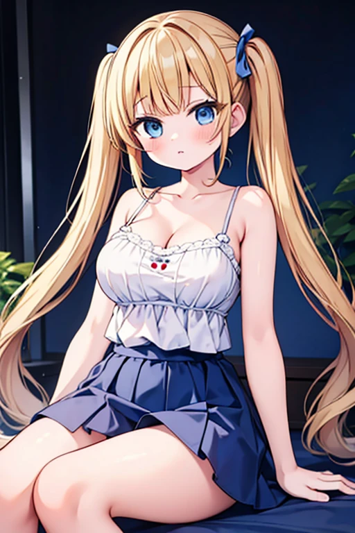 Highest quality,masterpiece,8k,Blonde with blue eyes、camisole、onepiece,micro mini skirt,Cleavage,Side are visible,Large Breasts、Twin tails、Girl Brat,
