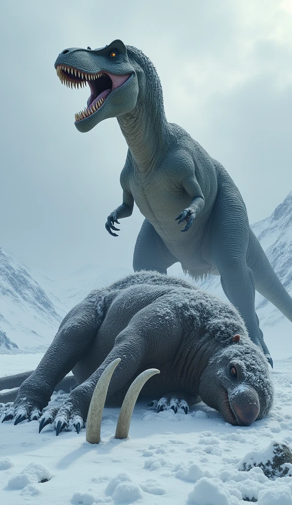 T-rex standing on a dead mammouth that it fought in a scary snowy biom