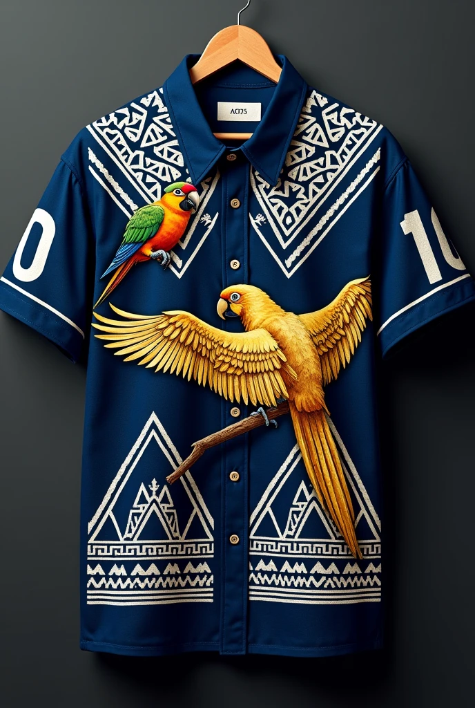 Dark blue shirt with front Indigenous details in white or gold with geometric and traditional shapes taking up part of the shoulder and waist Golden Brazilian macaw flying taking up from the side to the center of the shirt Number 10 in white or gold in the upper right part And also in the upper left part a smaller macaw perched on a branch in green, red and yellow colors