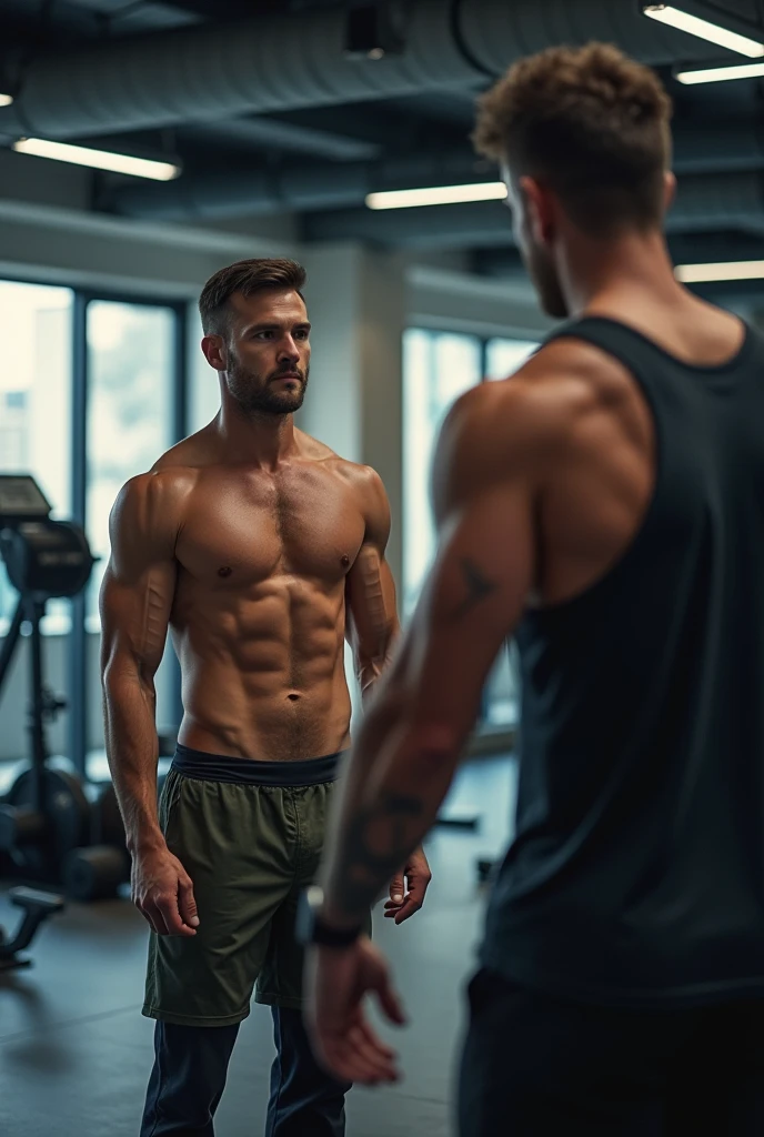 Can you help me create an image of a 35 year old young man training in a gym with a high performance coach so that the images of the 2 are in the background?