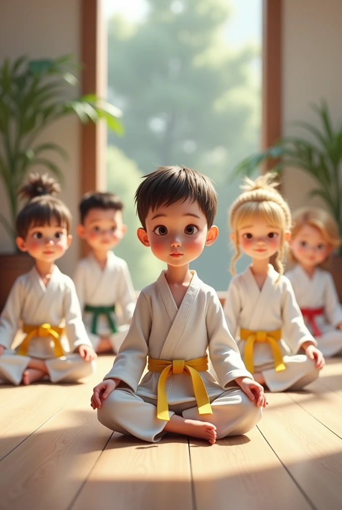 karate
3 niños caucásicos de 4 años cinturón yellow y verde y 2 niñas rubias de 4 años cinturón verde, yellow, white, blue, red, black meditating