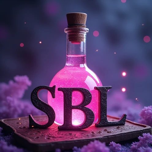 A potion with pink liquid, with universe background with purple and dark blue gradient, with 3 large letters in CAPSLOCK medieval font written SBL below the potion and also written above the potion Strength Beyond Limits with the same font as SBL