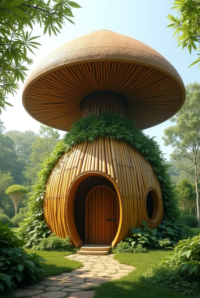 A mushroom-shaped house made of bamboo and the body of the mushroom is made of vertical bamboo and opens like a flower at the top, the roof is in the shape of a hat 


