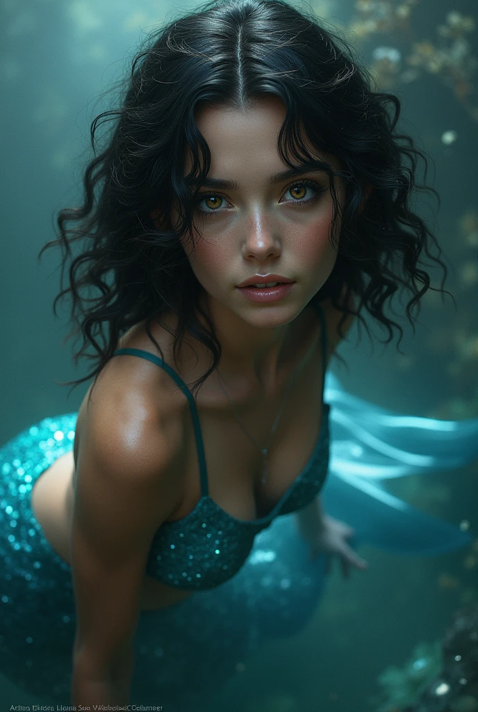 Mermaid dark and medium curly hair, dark brown fox eyes, mesmerizing beauty with blue tail