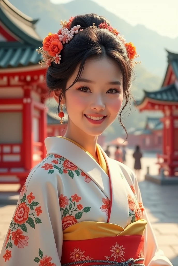 A beautiful young woman wearing brightly colored Japanese clothing、Japanese actress Kyoko Fukada、A charming expression、White Japanese clothing、background、Shrines and temples、Ukiyo-e style Japanese painting、The world created by CG、