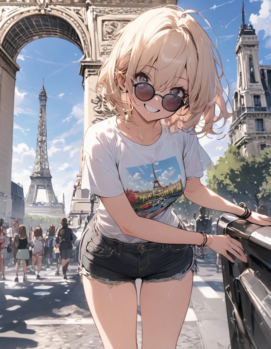 masterpiece、1 girl, short hair,T-shirt and shorts, sunglasses, smile, paris city background, city of paris, daytime, ((eiffel tower)), ((triumphal arch))