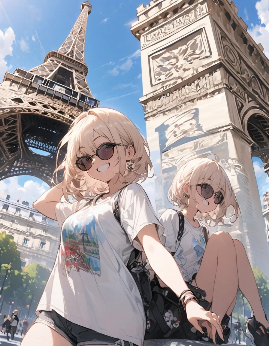 masterpiece、1 girl, short hair,T-shirt and shorts, sunglasses, smile, paris city background, city of paris, daytime, ((eiffel tower)), ((triumphal arch))