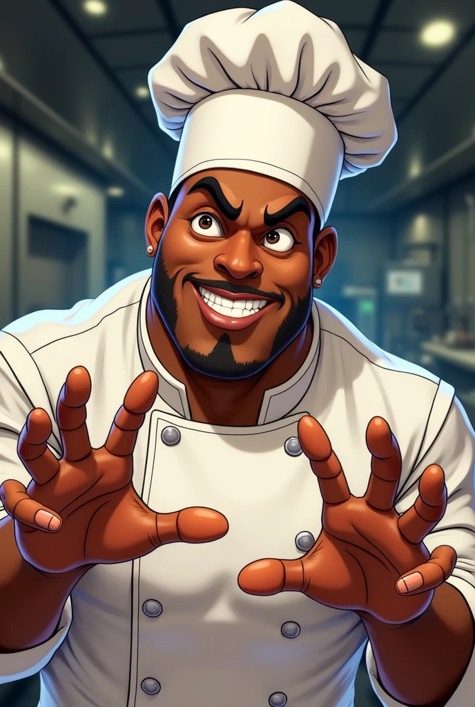 Animated dark-skinned man in chef's cap showing his hands without beard