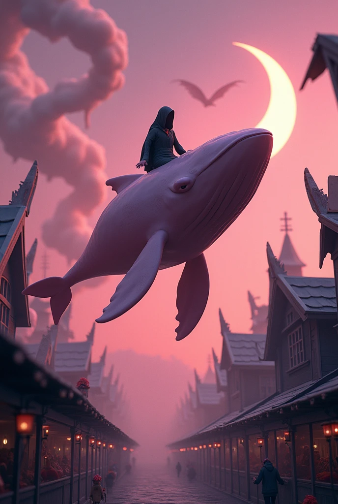 "Realistic 3D photorealistic image of a surreal dream where I am riding on a giant, pink whale that is flying through a dark and whimsical market. The perspective is from my point of view, atop the whale. Beside me, several other whales, with slightly eerie and elongated forms, glide gracefully in the air. The sky is a deep, twilight pink, with twisted, spiraling clouds and a glowing crescent moon, casting elongated, shadowy figures across the scene. The market below is filled with crooked stalls and peculiar characters, their features slightly exaggerated and eerie, reminiscent of a Tim Burton film. The pink whale has a smooth, slightly iridescent texture, but with subtle, intricate patterns that add to its otherworldly appearance. The overall ambiance is darkly whimsical, mysterious, and dreamlike, evoking the fantastical and gothic style of The Nightmare Before Christmas."