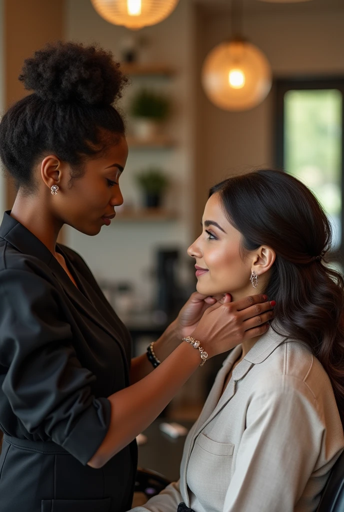 Black woman hairdresser in a nail salon fixing white woman&#39;s hair nice hairstyle