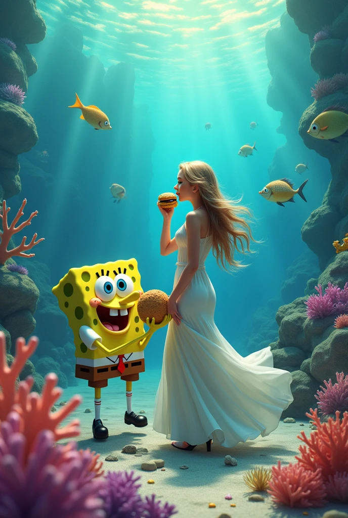 Woman at the bottom of the ocean eating a Krabby Patty with SpongeBob in Bikini Bottom