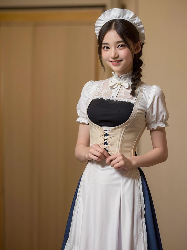 (Highest quality:1.5)、(masterpiece:1.5)、(8k:1.5)、((Primary school students:1.7))、(Flat Chest)、Erect nipples、(Victorian tight maid uniform:1.5)、Braid、Angle from below、smile、(The background is the hotel:1.7)、whole body、2 people、Underbust corset、Hotel Bed