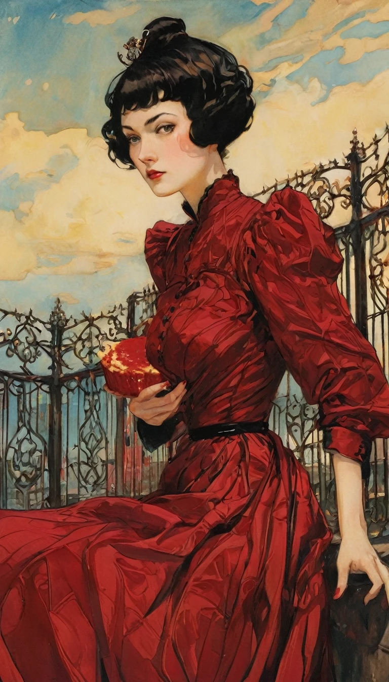 <lora:gibrat:1> woman in a red dress with polka dots, leaning against a stone wall in the countryside, by Jean-Pierre Gibrat