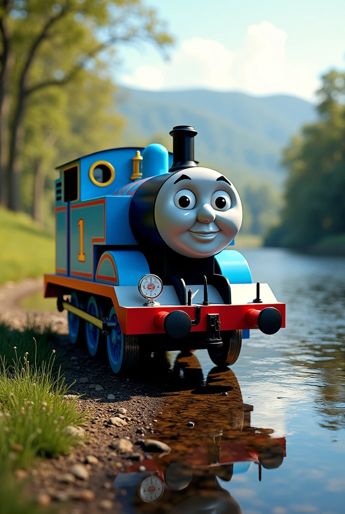 Thomas the Train. ultra realistic shadows. rivers, with ultra realistic reflections. And ultra-realistic reflections throughout the painting. Ultra realistic sun and light