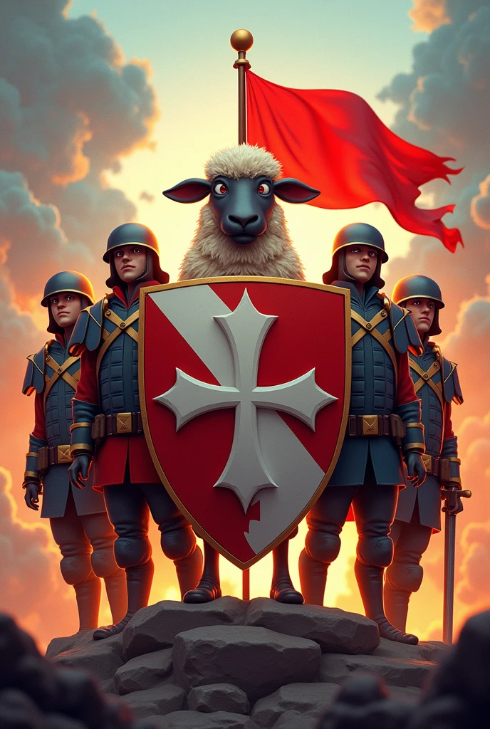Make a brotherhood coat of arms and place a sheep in the center with red details, A cross, fire and red flag. 5 soldiers in war gear. In Pixar style cartoon.