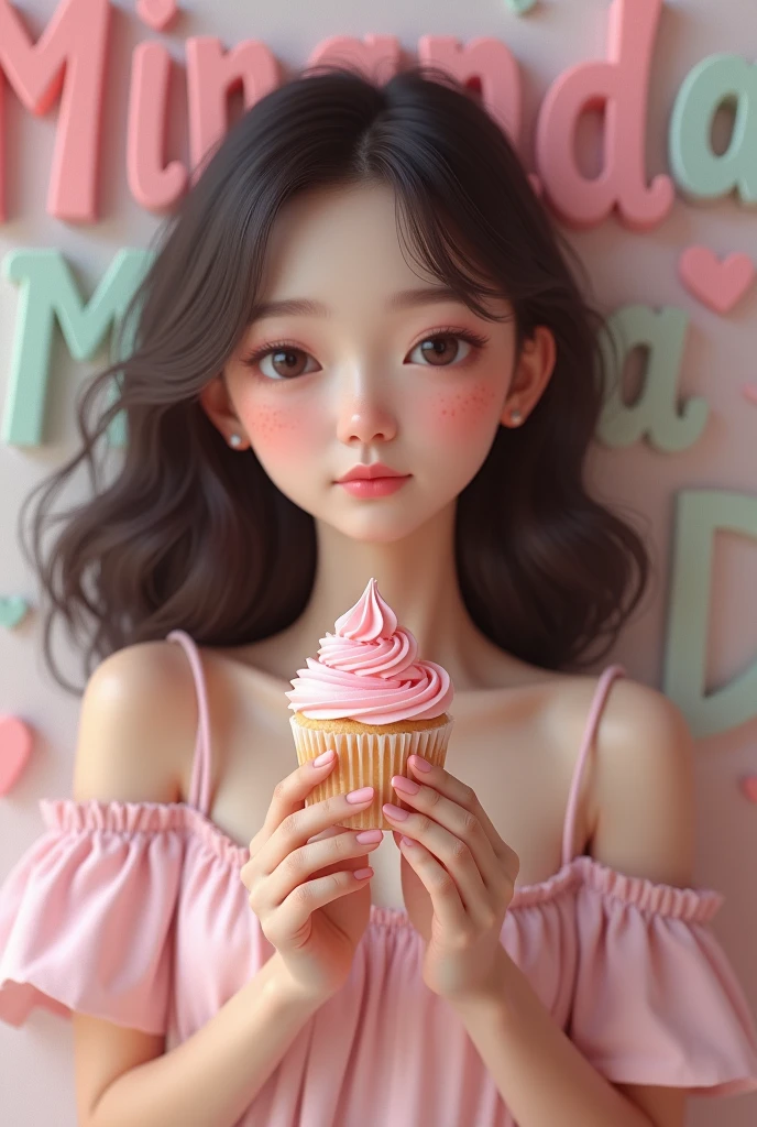 White freckled woman with shoulder length hair holding a cupcake lying on top of text that says Miranda. pastries color pastel